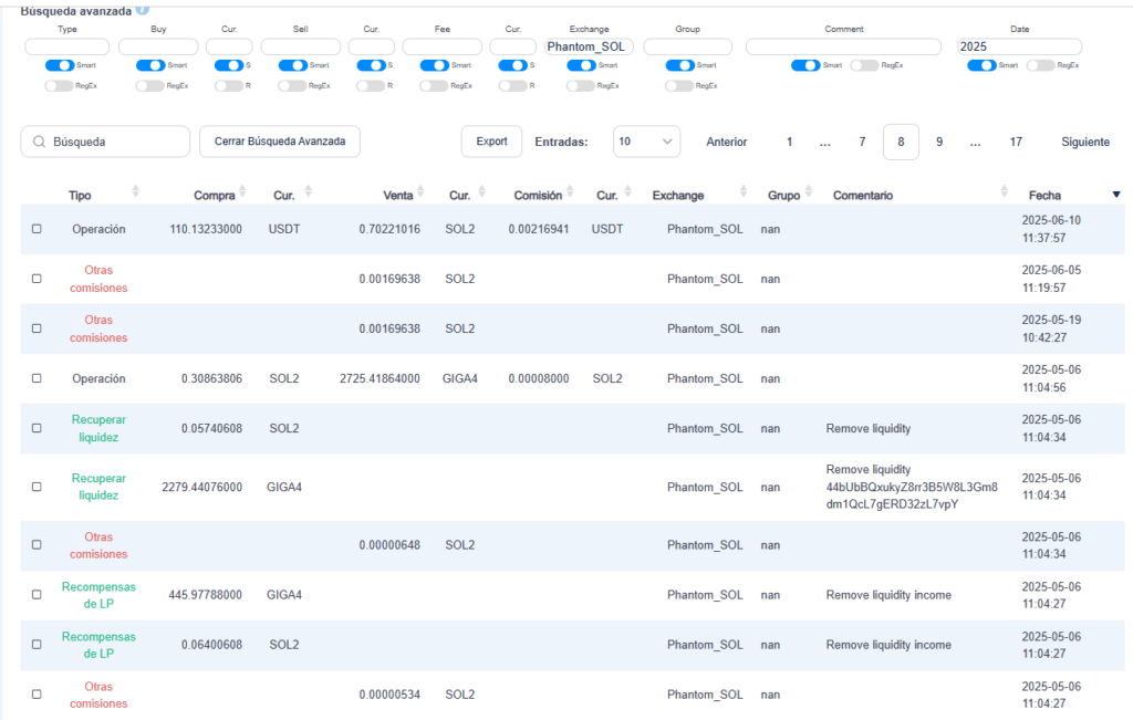 CoinTracking importando una operación de pool de liquidez de Meteora en Solana