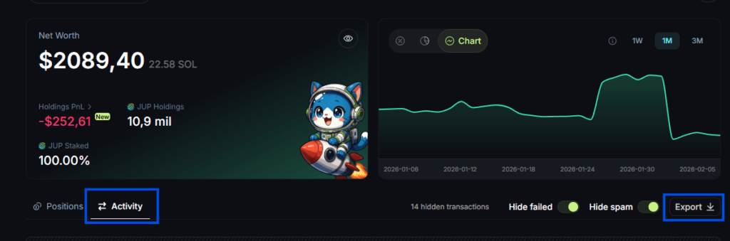 Revisión de actividad de Jupiter en una wallet de Solana para contrastarla con CoinTracking