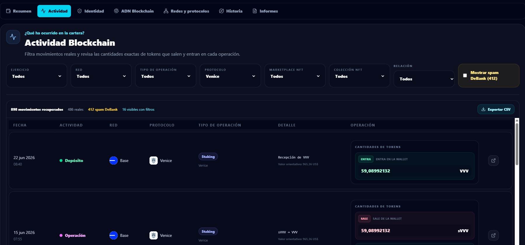 Actividad de Venice y staking localizada en Huella Cripto para investigar transacciones perdidas de CoinTracking