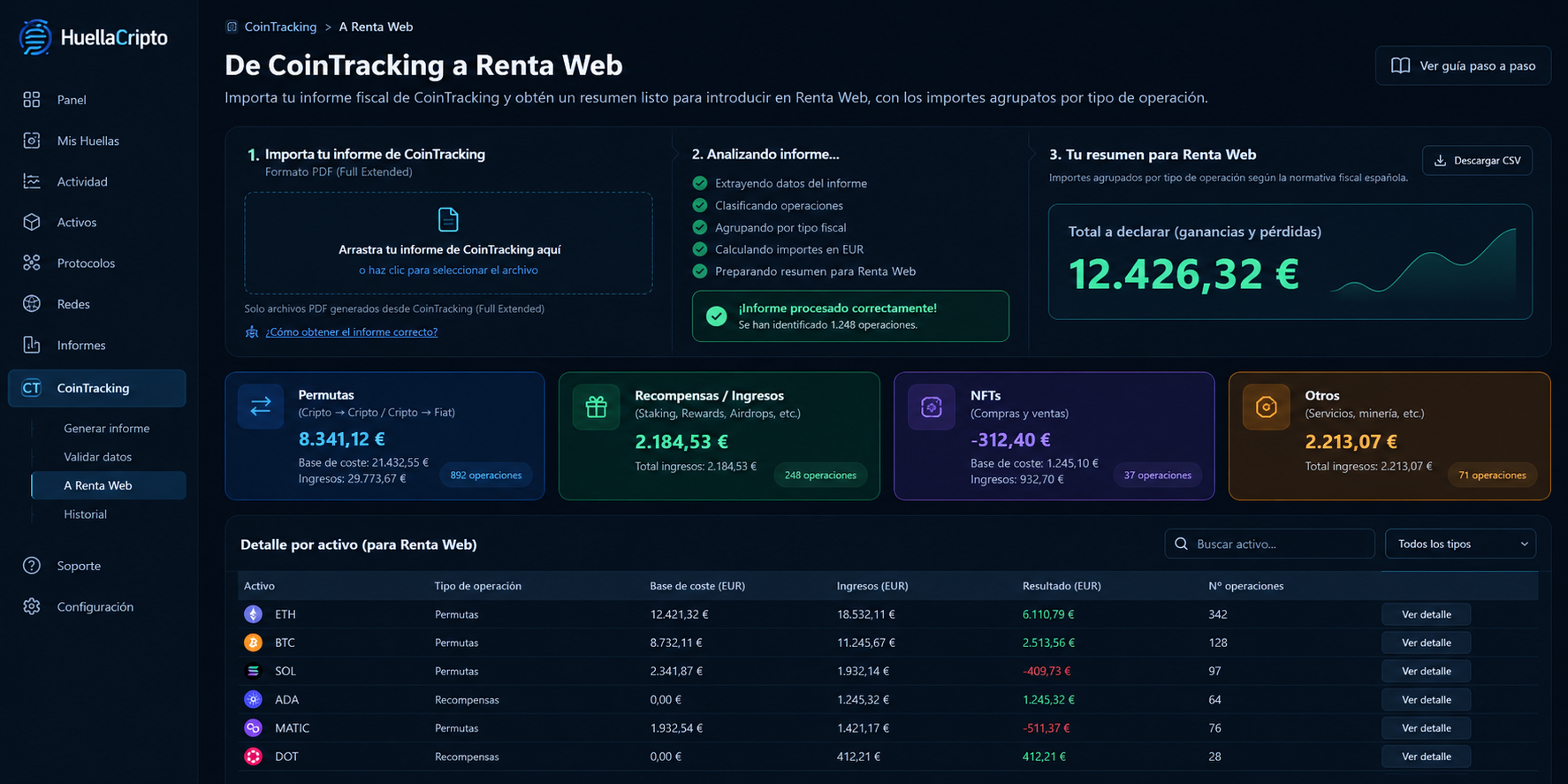 Herramienta de Huella Cripto para importar un informe de CoinTracking y obtener un resumen para Renta Web