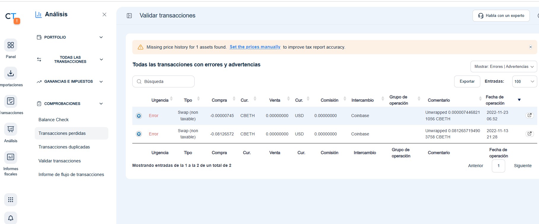 Transacciones perdidas en CoinTracking dentro del apartado de comprobaciones