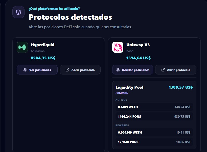 Protocolos identificados al reconstruir una wallet DeFi